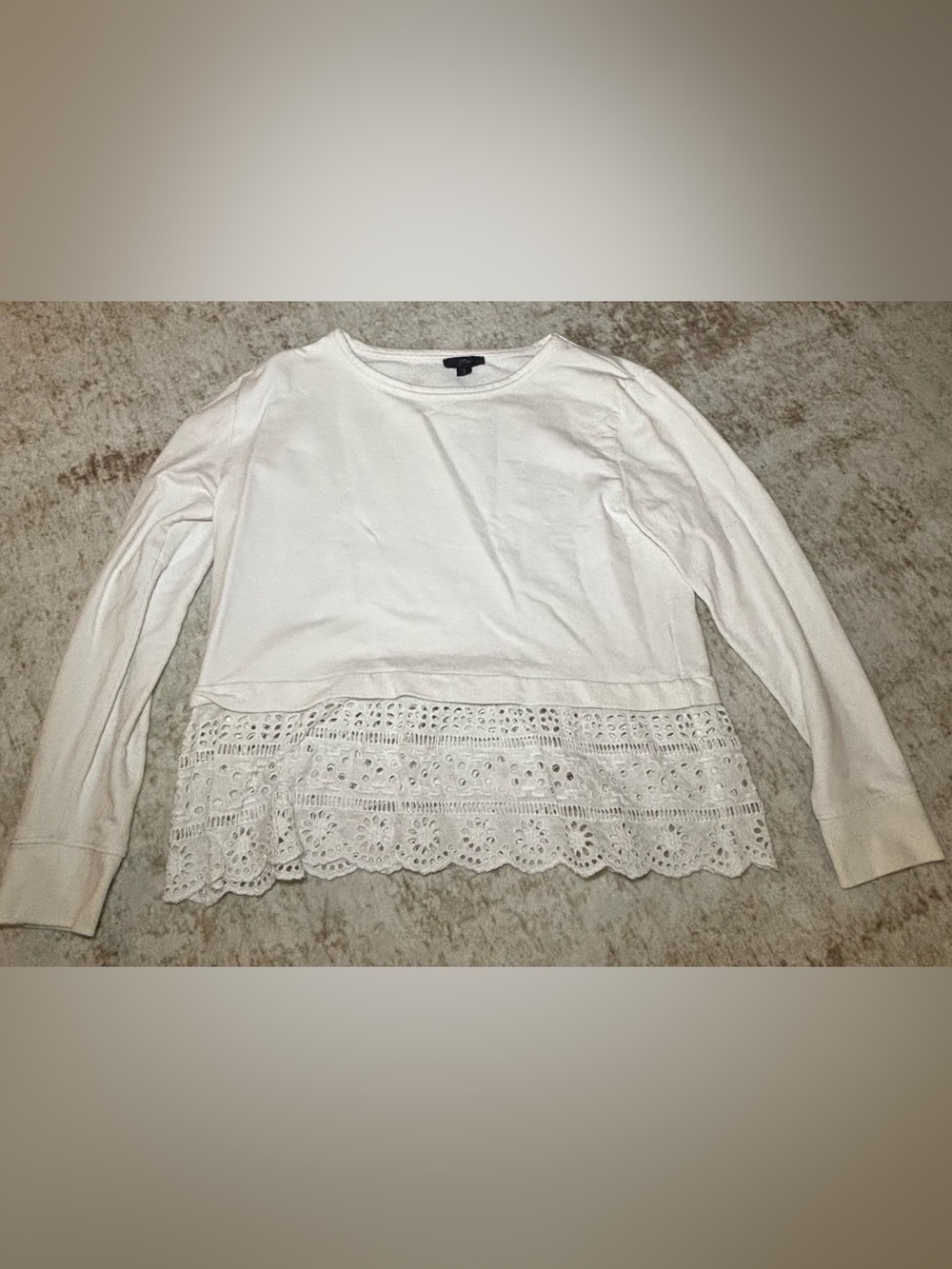 J.Crew White Eyelet Lace Scallop Hem Pullover Sweatshirt Top S